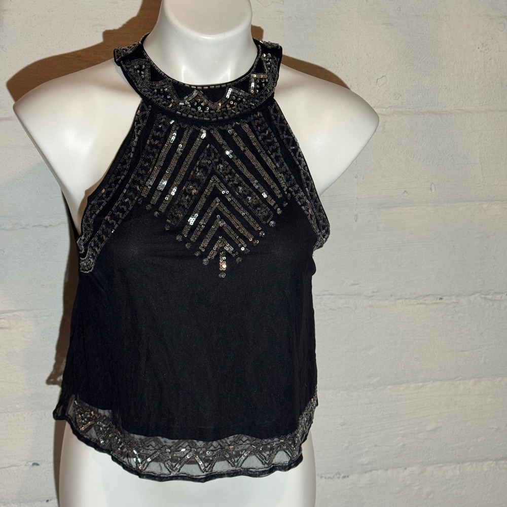 Forever 21 Black Sequin Embellished Halter Top Sleeveless‎ Blouse Going out Top